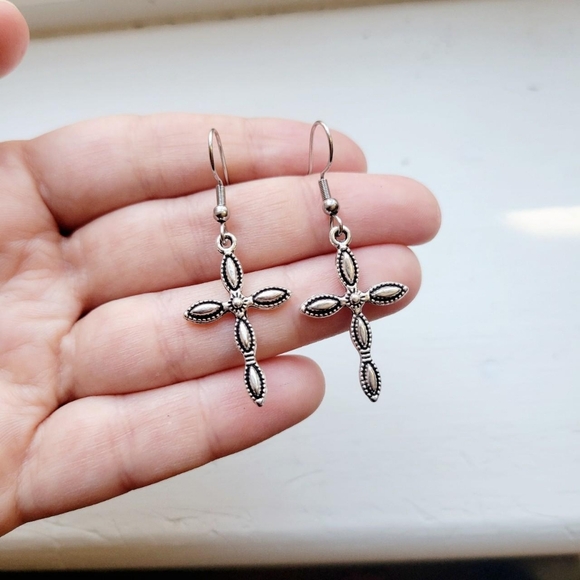 Pair of Silver Simple Classic Cross Hook Drop Earrings - Picture 4 of 8